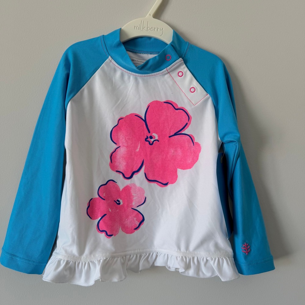 Coolibar Kids Aloha Flowers‎ Ruffle Swim Shirt UPF 50+ Blue White 18-24M NEW